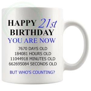 21st birthday gift mug with blue lettering for him