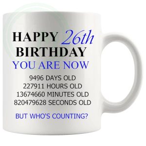 26th birthday gift mug with blue lettering for him