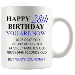 28th birthday gift mug with blue lettering for him