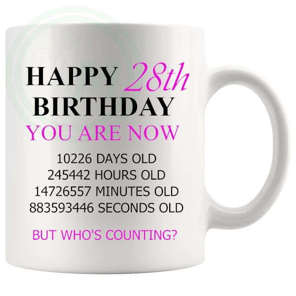28th birthday gift mug with pink lettering for her