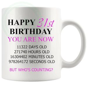 31st birthday gift mug with pink lettering for her