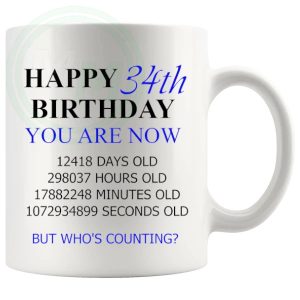34th birthday gift mug with blue lettering for him