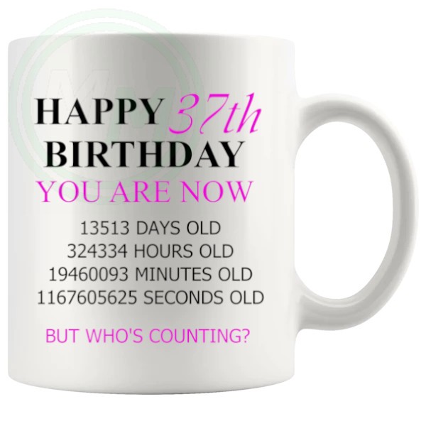 37th birthday gift mug with pink lettering for her