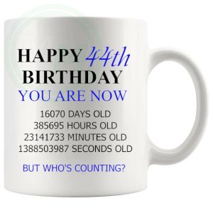 44th birthday gift mug with blue lettering for him