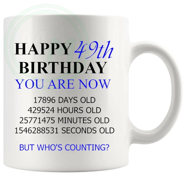 49th birthday gift mug with blue lettering for him