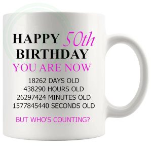 50th birthday gift mug with pink lettering for her
