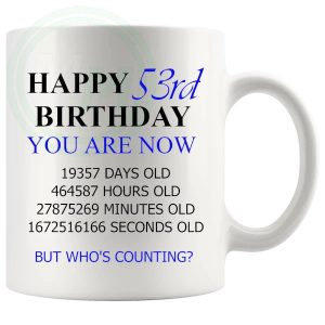 53rd birthday gift mug with blue lettering for him