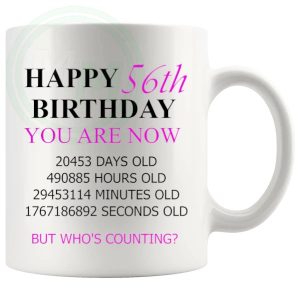 56th birthday gift mug with pink lettering for her