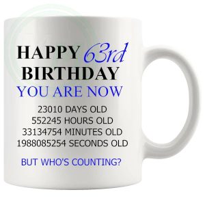 63rd birthday gift mug with blue lettering for him