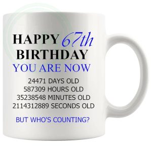 67th birthday gift mug with blue lettering for him