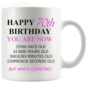 70th birthday gift mug with pink lettering for her