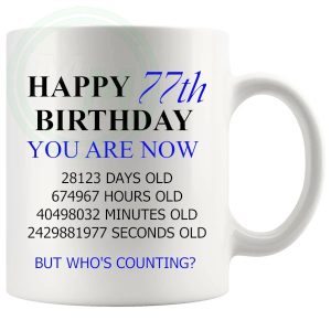 77th birthday gift mug with blue lettering for him