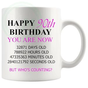 90th birthday gift mug with pink lettering for her