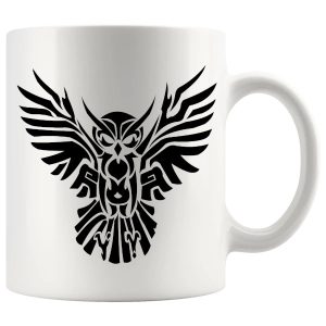Black tribal owl mug with bold artistic bird artwork