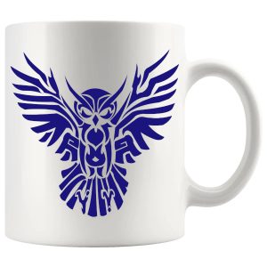Blue tribal owl mug with cool-toned artistic bird artwork