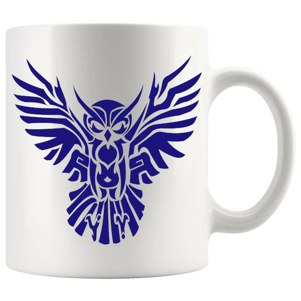 Blue tribal owl mug with cool-toned artistic bird artwork