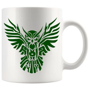 Green tribal owl mug with nature-inspired bird artwork