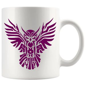 Dark pink tribal owl mug with colourful artistic bird artwork
