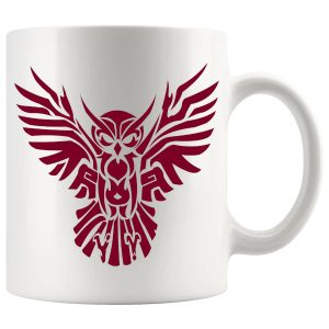 Red tribal owl mug with bold artistic bird artwork