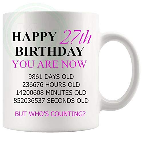 27th birthday gift mug with pink lettering for her