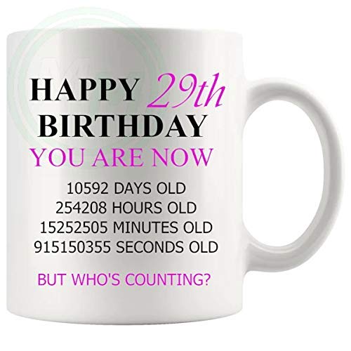 29th birthday gift mug with pink lettering for her