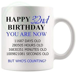 32nd birthday gift mug with blue lettering for him