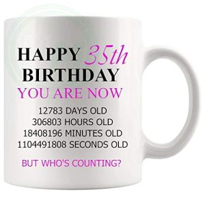 35th birthday gift mug with pink lettering for her