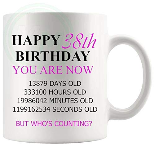 38th birthday gift mug with pink lettering for her