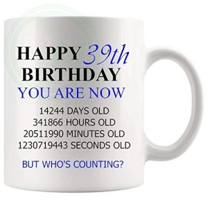 39th birthday gift mug with blue lettering for him