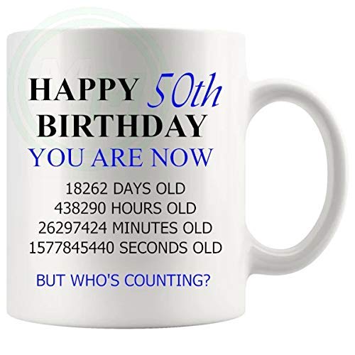 50th birthday gift mug with blue lettering for him