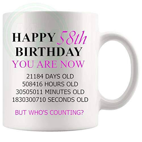 58th birthday gift mug with pink lettering for her