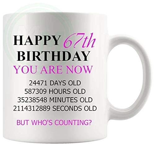 67th birthday gift mug with pink lettering for her