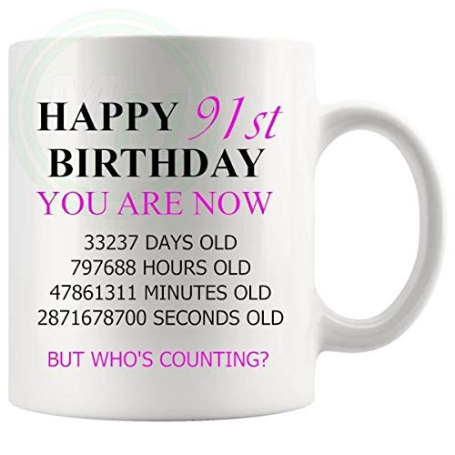 91st birthday gift mug with pink lettering for her